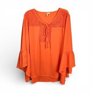 Cato Orange Blouse 22/24W | Boho Tie Front 3/4 Sleeve Lace Trim